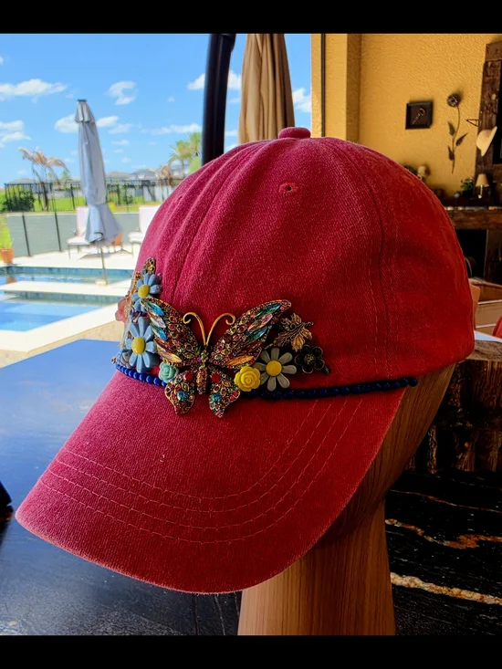 Embellished Raspberry Pink Baseball Cap with Rhinstone Butterfly - Picture 4 of 6